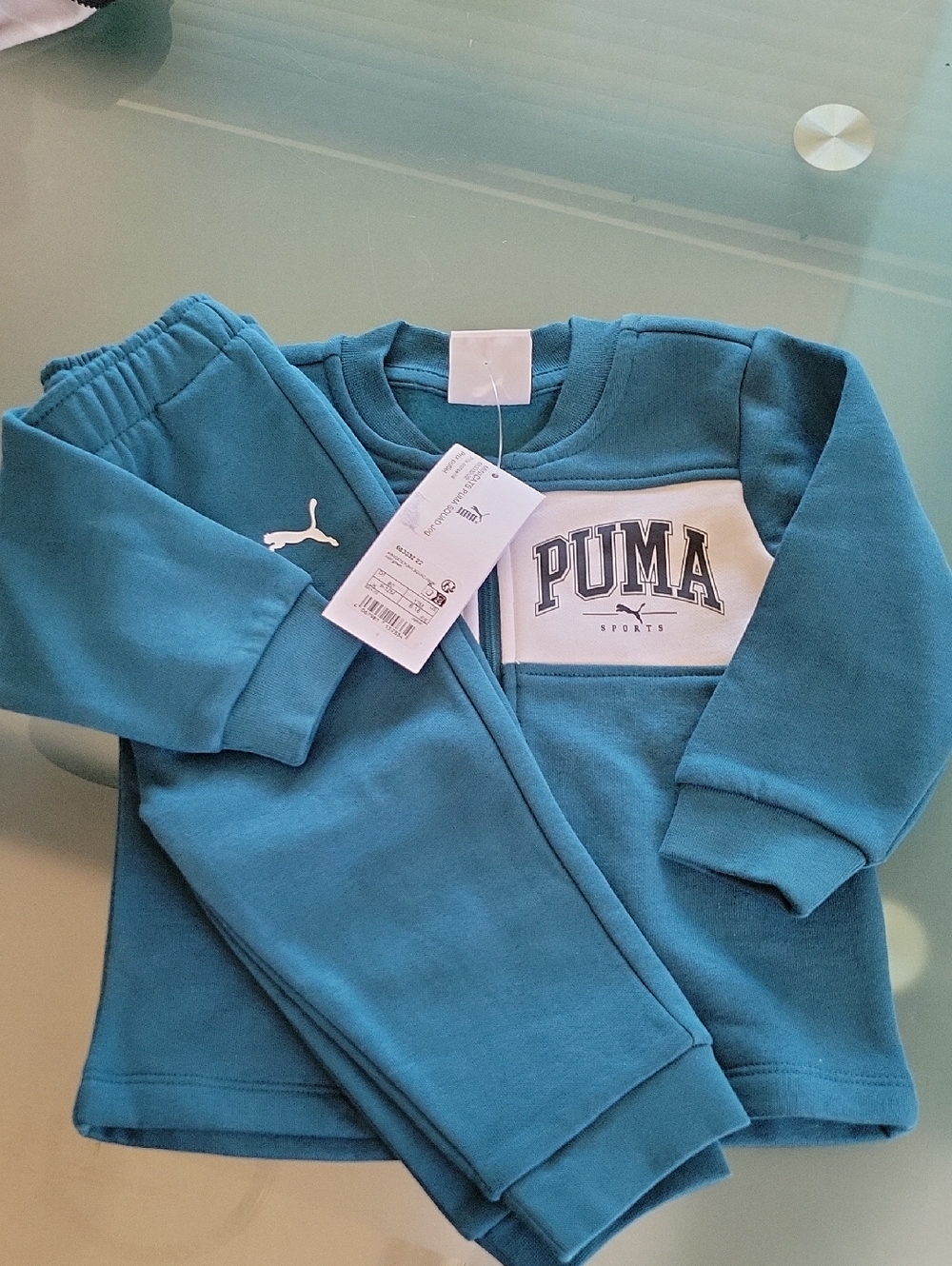 Puma Baby Boy Green/blue 2pcs Set Sweatpants Zipper Jacket 9-12months Boy